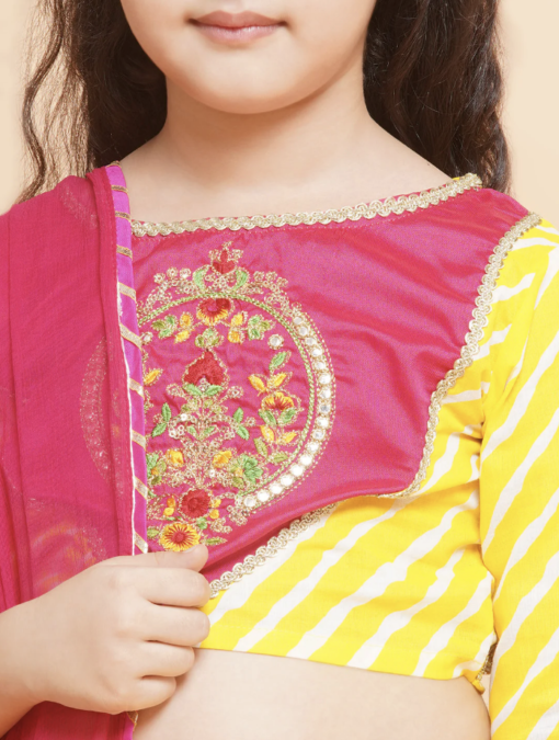 Yellow Leheriya Printed Lehenga & Pink Embroidered Choli with Dupatta - Image 2